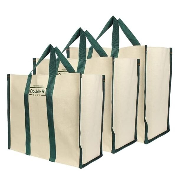 DOUBLE R BAGS Big Eco Cotton Canvas Shopping Bags With Reinforced Handles Jhola Bag - (17X8.5X14-Inches, Pack Of 1, Green)